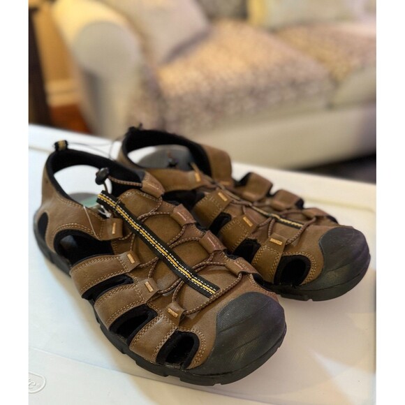 Magellan Outdoors Sandals Brown Leather Round Toe Cutouts Hook Loop Men's Sz 10 - Picture 6 of 11